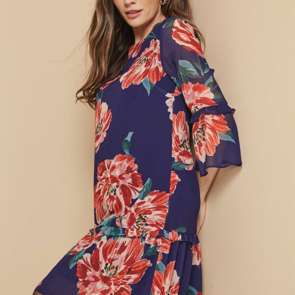Womens Floral Ruffle Sleeve Drop Hem Shift Dress