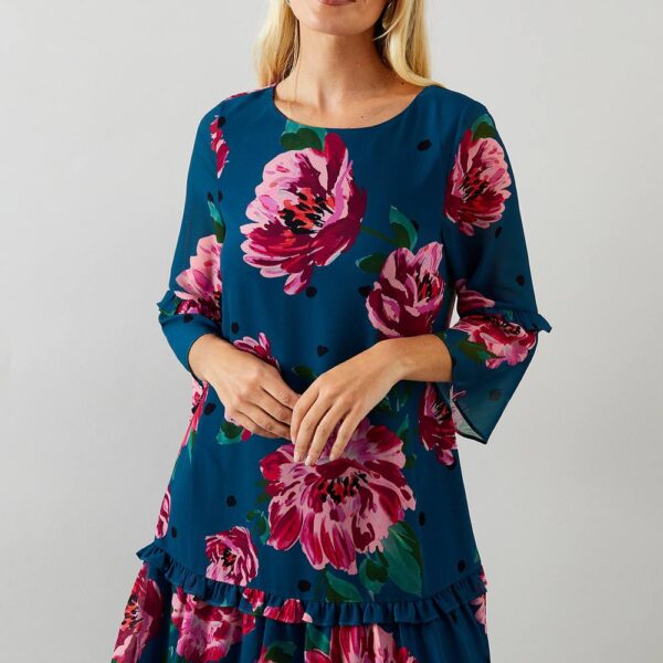 Womens Petite Floral Ruffle Sleeve Drop Hem Shift Dress