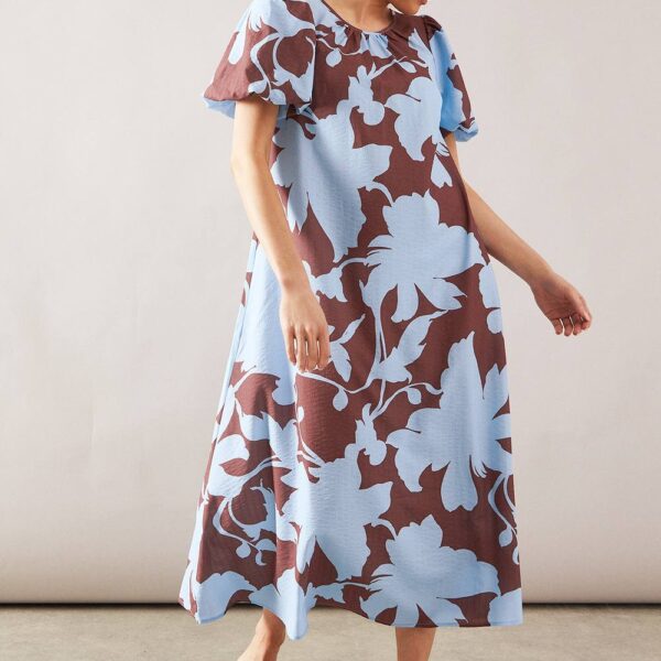 Womens Floral Puff Sleeve Tie Back Midaxi Dress