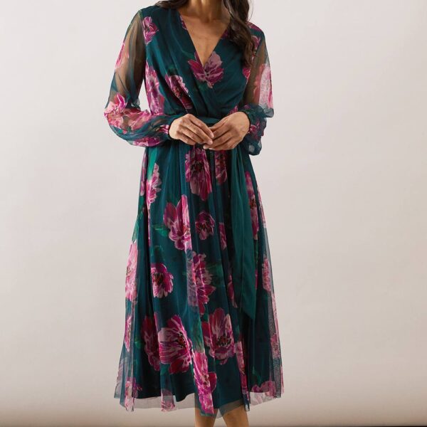 Womens Floral Spot Mesh Satin Tie Midi Dress