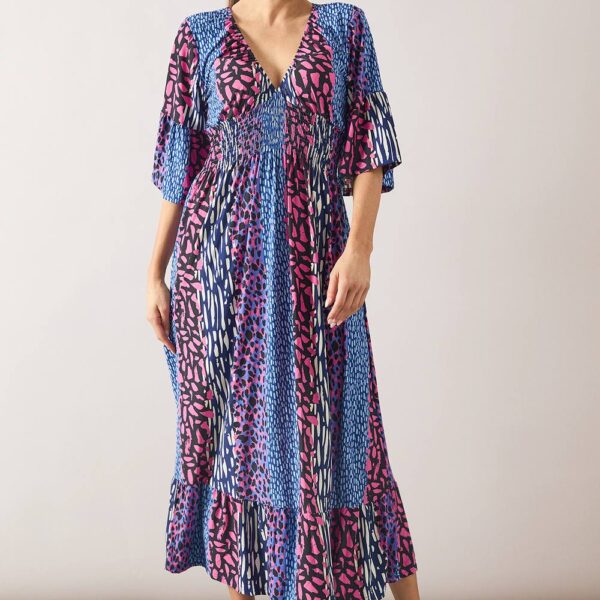 Womens Print Mix Shirred Midi Dress