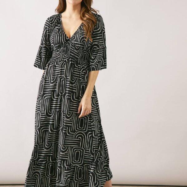 Womens Geo Print Shirred Midi Dress
