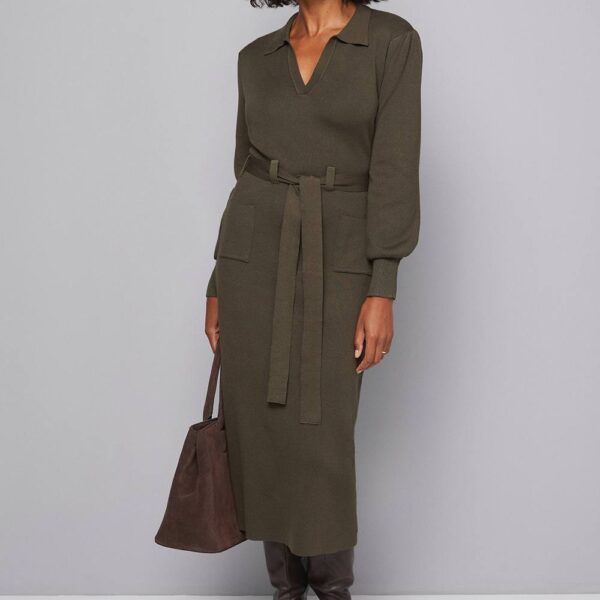 Womens Collared Belted Midi Dress