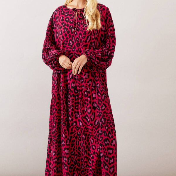 Womens Petite Leopard Tiered Smock Midaxi Dress