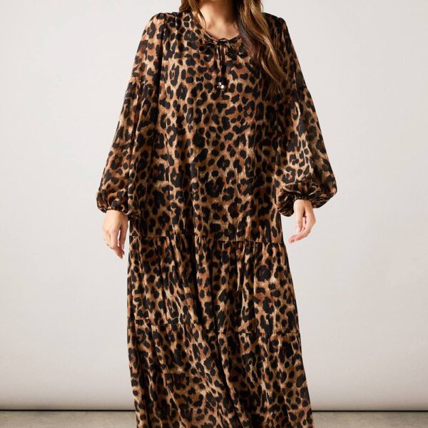 Womens Chiffon Leopard Tiered Smock Midaxi Dress