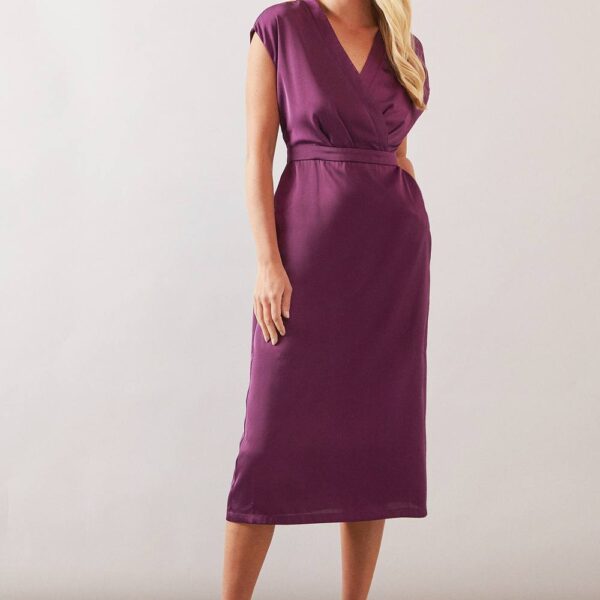 Womens Petite Satin Sleeveless Wrap Midi Dress