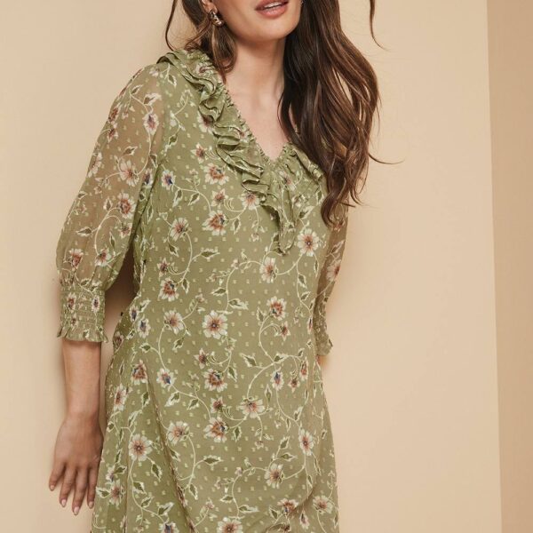 Womens Floral Ruffle Detail Shift Dress