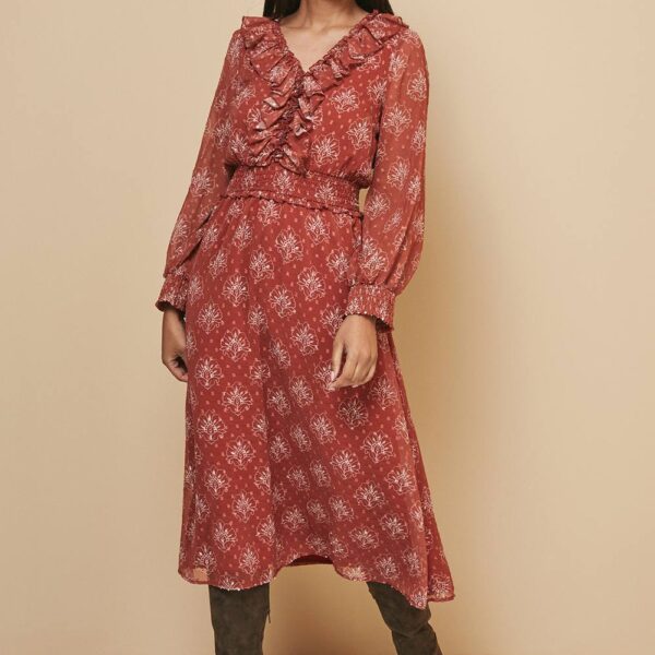 Womens Petite Printed Ruffle Midi Dress