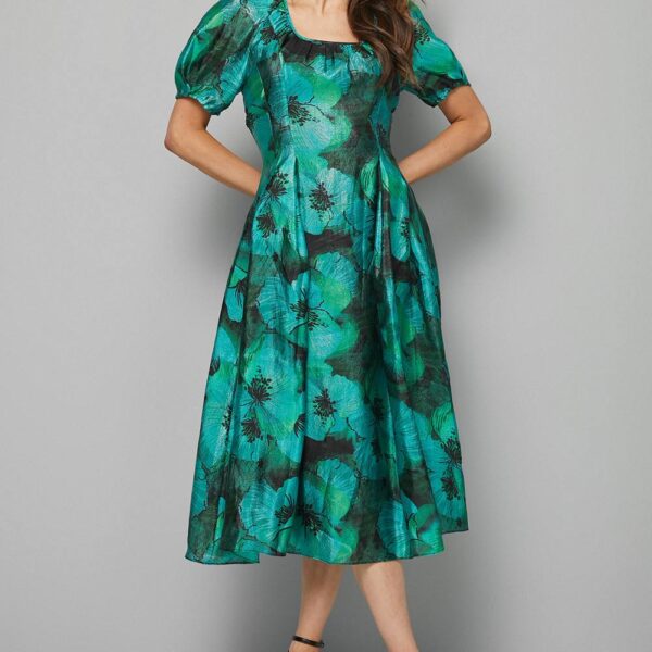 Womens Floral Organza Puff Sleeve Midi Dress