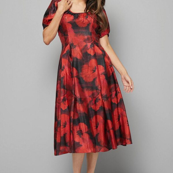Womens Floral Organza Puff Sleeve Midi Dress