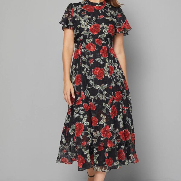 Womens Floral Burn Out Ruffle Midi Dress