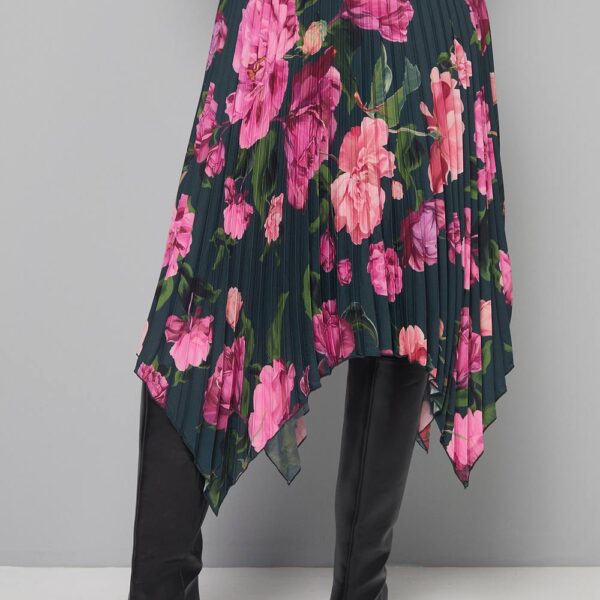 Womens Petite Floral Pleated Hanky Hem Midi Skirt