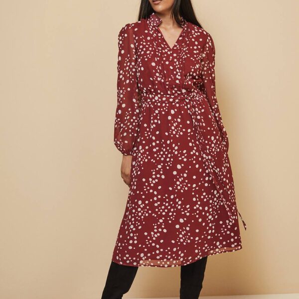 Womens Petite Spot Pintuck Belted Midi Dress