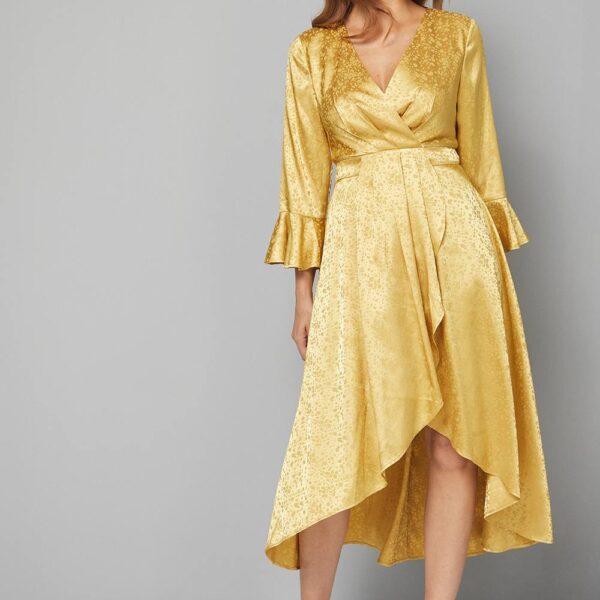 Womens Satin Jacquard Wrap Ruffle Dress