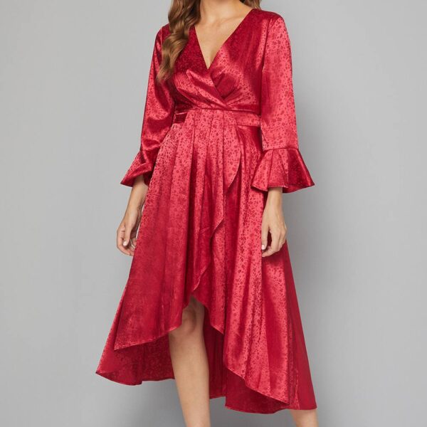 Womens Satin Jacquard Wrap Ruffle Dress