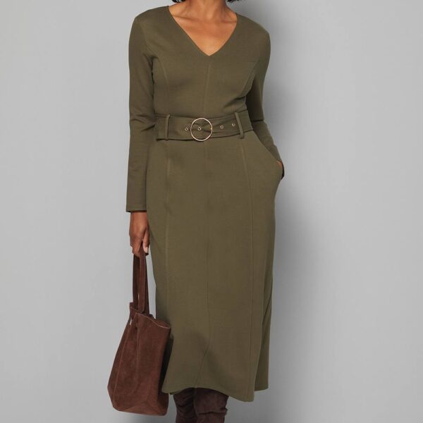 Womens Ponte Jersey Belted Midi Dress