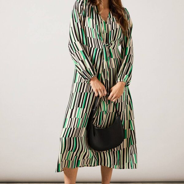 Womens Green Geo Tie Front Midi Dress