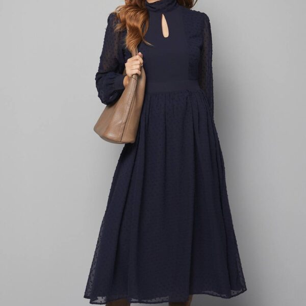 Womens Dobby Tie Neck Detail Midaxi Dress