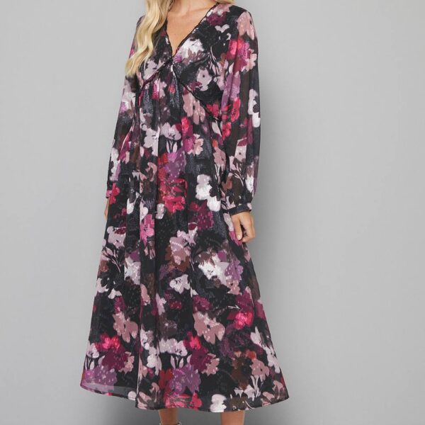 Womens Petite Floral Jacquard Ruffle Midi Dress