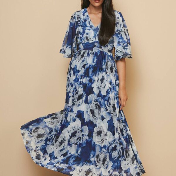 Womens Petite Floral Print Pleated Cape Sleeve Midi Dress