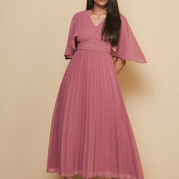 Womens Petite Pleated Cape Sleeve Midi Dress