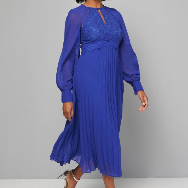 Womens Occasion Lace Insert Pleated Midi Dress