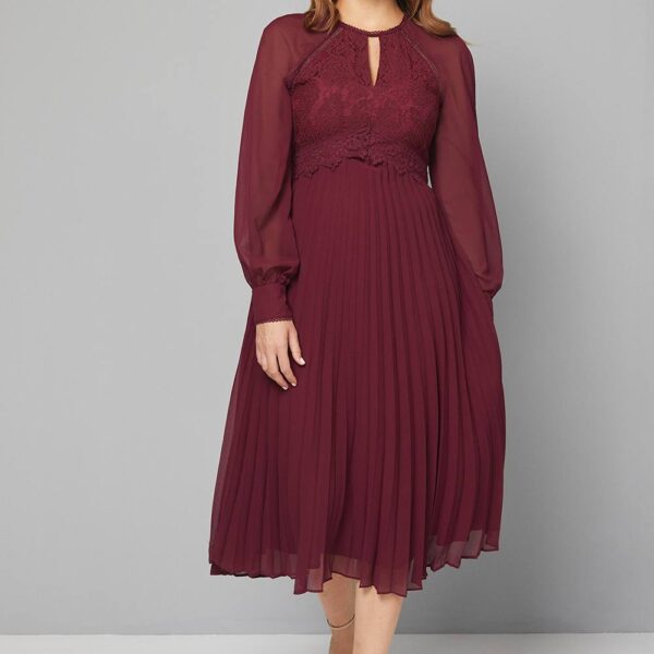 Womens Occasion Lace Insert Pleated Midi Dress
