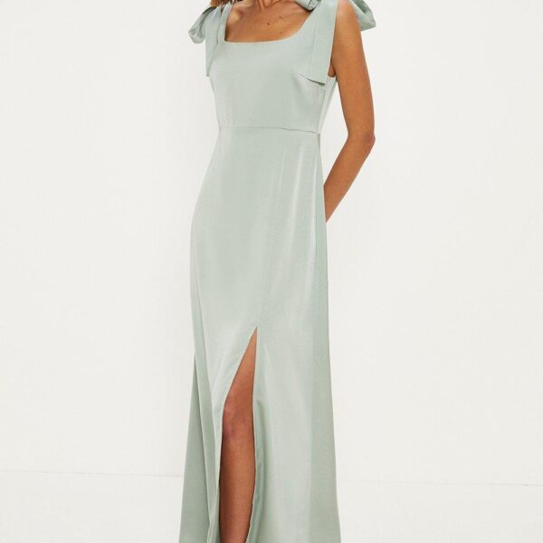 Oasis Womens Petite Satin Tie Shoulder Midi Bridesmaids Dress - Sage Green - Size 16 UK