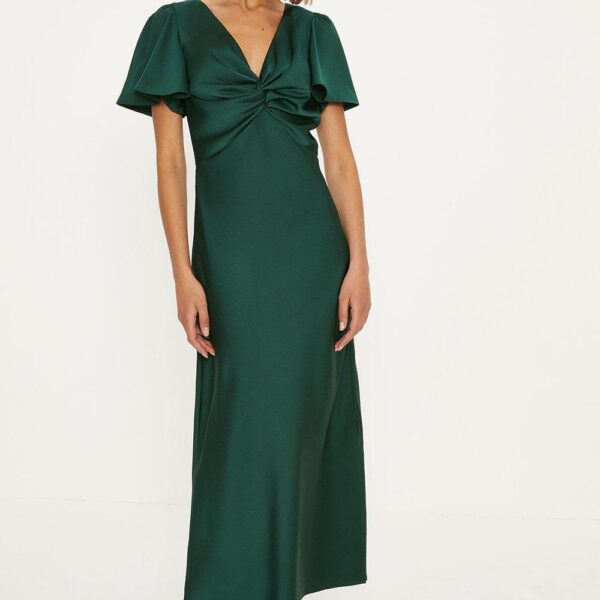 Oasis Womens Satin Twist Front Angel Sleeve Midi Bridesmaids Dress - Emerald - Size 6 UK