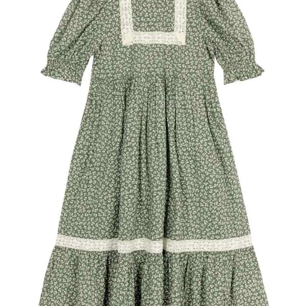 Joanie Clothing Ceri Sage Floral Print Puff Sleeve Prairie Dress -  UK 24 (Green)