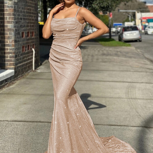 Birthday Party Dresses Blue Straps Neck Sleeveless Backless Prom Long Aquatic Dress
