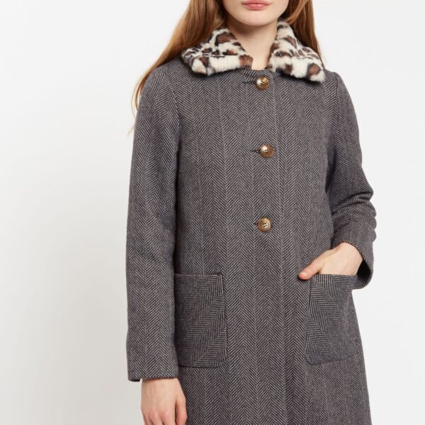 Dryden Herringbone Faux Fur Collar A Line Coat