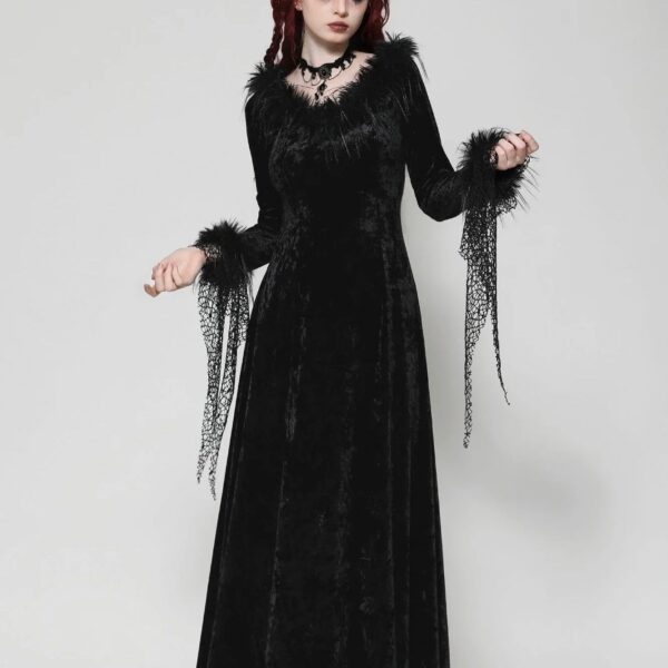 Dark In Love - Gothic Dark Velvet V-Neck Long Slim - Dress - black - L/XL - 95% Polyester, 5% Elastane,Velvet