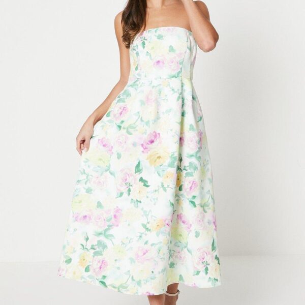 Oasis Womens Petite Floral Bandeau Ottoman Midi Dress - Lilac - Size 14 UK