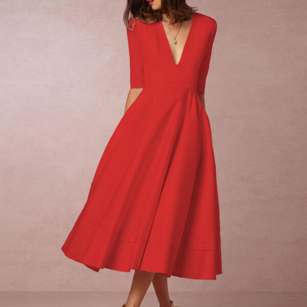 Plunge Midi Dress Half Sleeves Pockets A-Line Prom Dresses In Burgundy