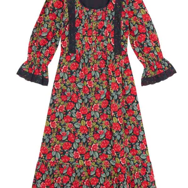 Joanie Clothing Eleri Antique Rose Print Crochet Trim Prairie Dress -  UK 26 (Red)