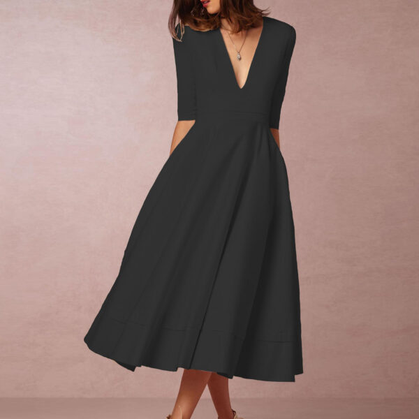 Plunge Midi Dress Half Sleeves Pockets A-Line Prom Dresses In Burgundy