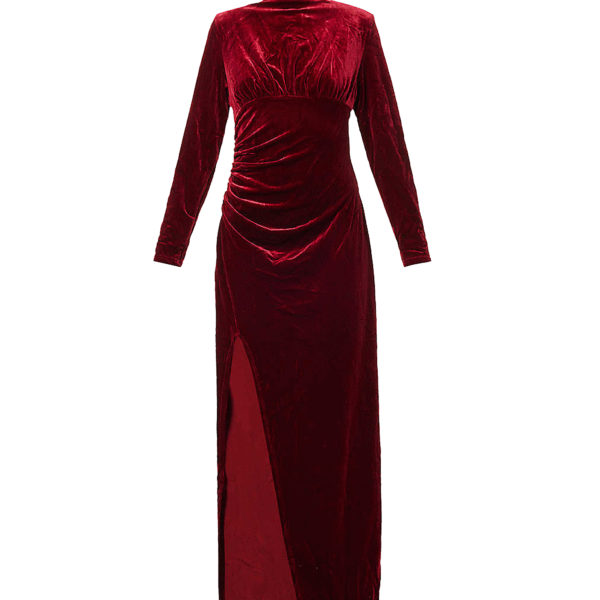 Sharron Burgundy Velvet High-neck Midi Dress