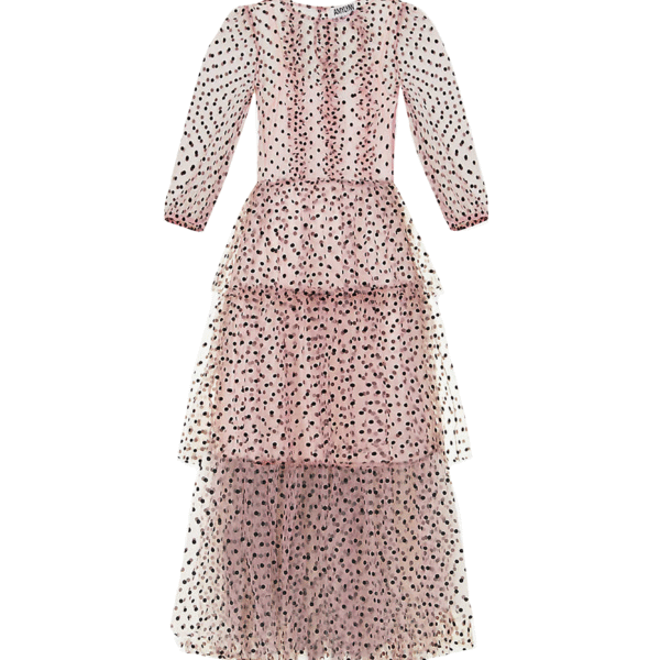 Annie Pink Spot Mesh Ruffle Tiered Midi Dress