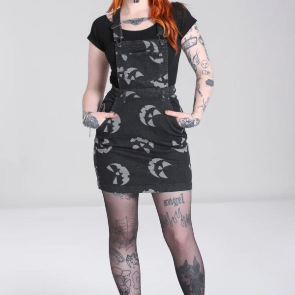 Hellbunny - Jack O Lantern Pinafore Black - Dress - black - XS - 99% Cotton, 1% Elastane,Denim