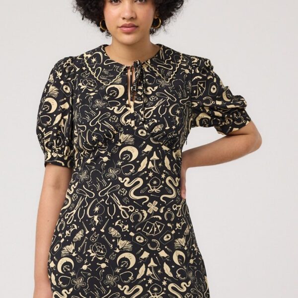Joanie Clothing Hattie Tie Neck Whimsical Macabre Print Dress -  UK 18 (Black)