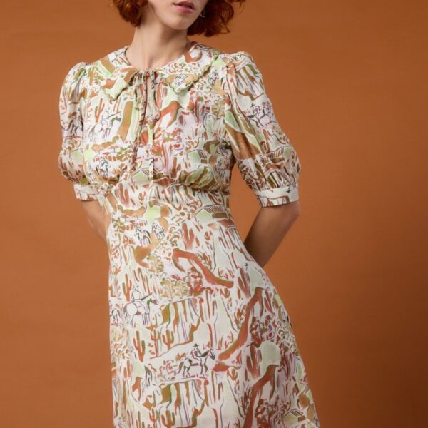 Joanie Clothing Hattie Painterly Western Print Tie Neck Mini Dress - UK 26 (White)