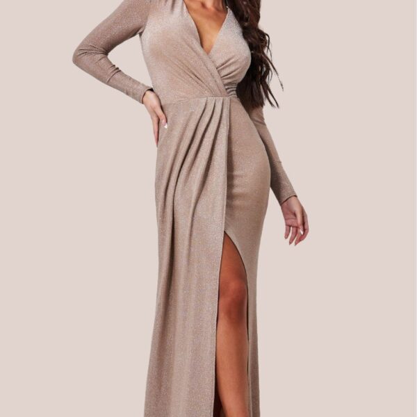 Plunge Neck Wrap Front Split Lurex Maxi Dress - Nude by Goddiva