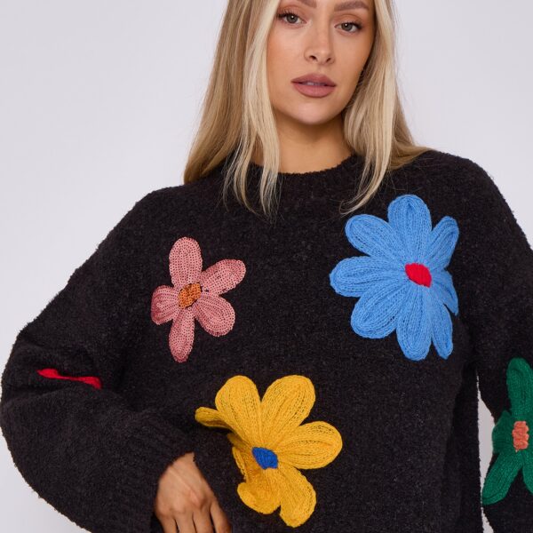 Black Floral Applique Oversized Jumper