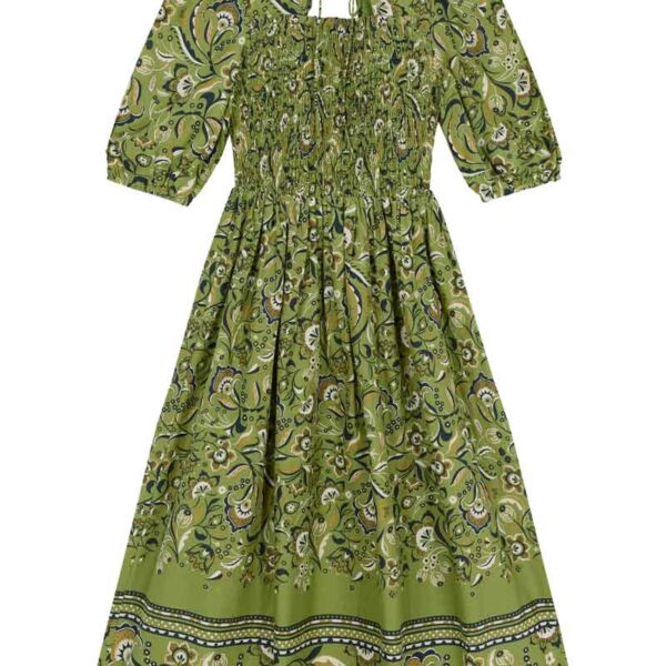 Joanie Clothing Jesse Handkerchief Print Tie Neck Midi Dress -  UK 16  - Sustainable Organic Cotton (Green)