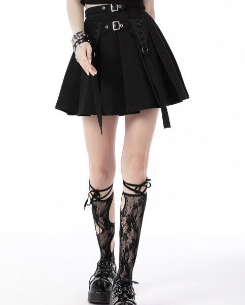 Dark In Love - Black Punk Rock Double Buckle Pleated Black - Skirt - black - XXL - 95% Polyester, 5% Elastane,Synthetics