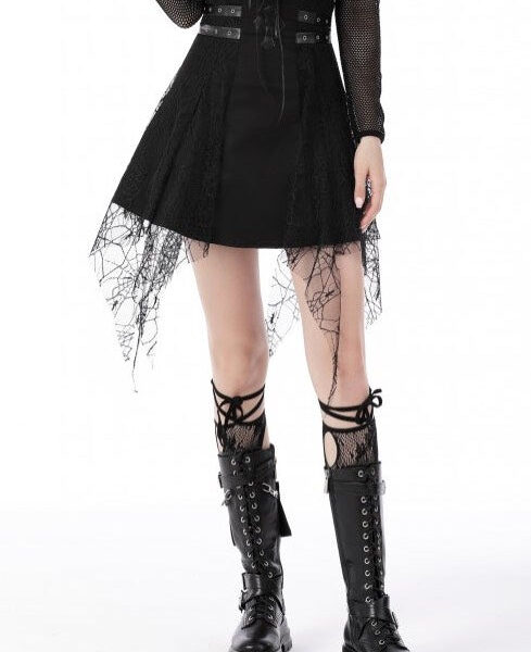 Dark In Love - Punk Rock Cross Spider Net Mini Black - Skirt - black - L - 70% Polyester, 30% T400,Lace