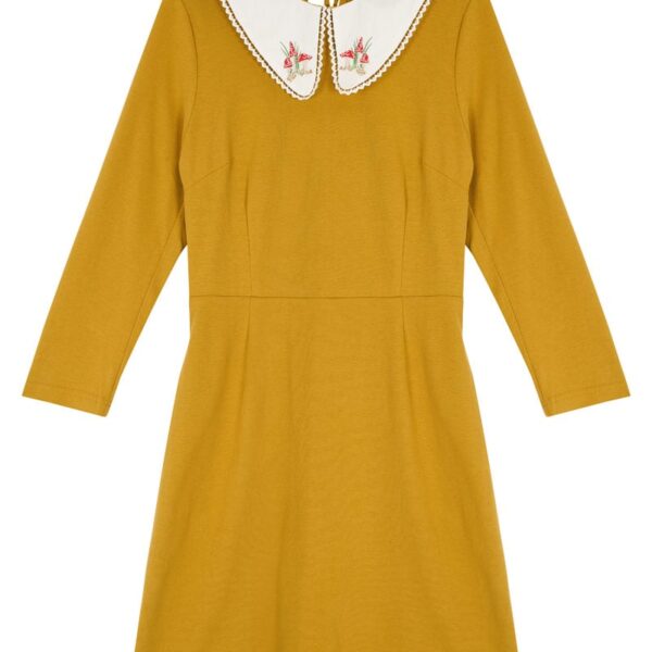Joanie Clothing Loretta Embroidered Collar Jersey Dress - Mustard - UK 22 - Sustainable Organic Cotton (Yellow)
