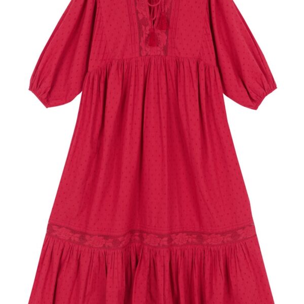 Joanie Clothing Meryl Tie Neck Dobby Midi Dress - Red-LARGE (UK 16-18) (Red)