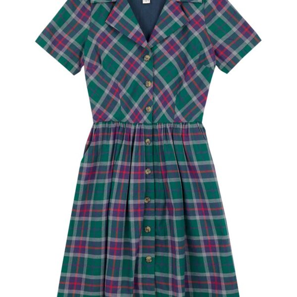 Joanie Clothing Pepita Check Print Shirt Dress - Green -  UK 16  - Sustainable Organic Cotton (Green)